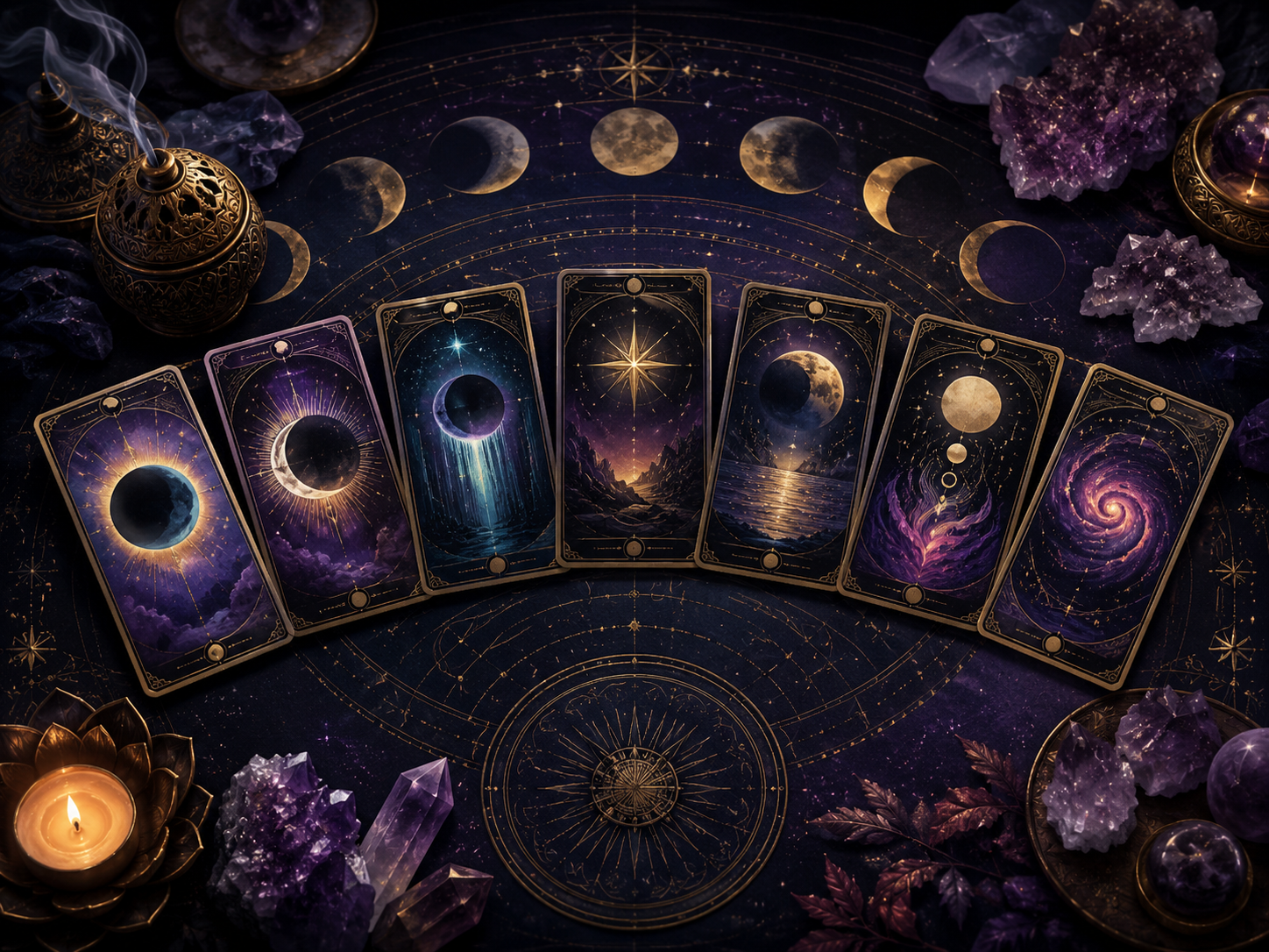 Tirage d’oracle aux teintes violettes et dorées