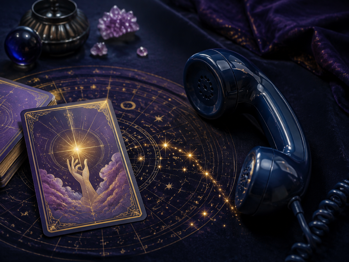 Téléphone bleu nuit et symboles divinatoires dorés